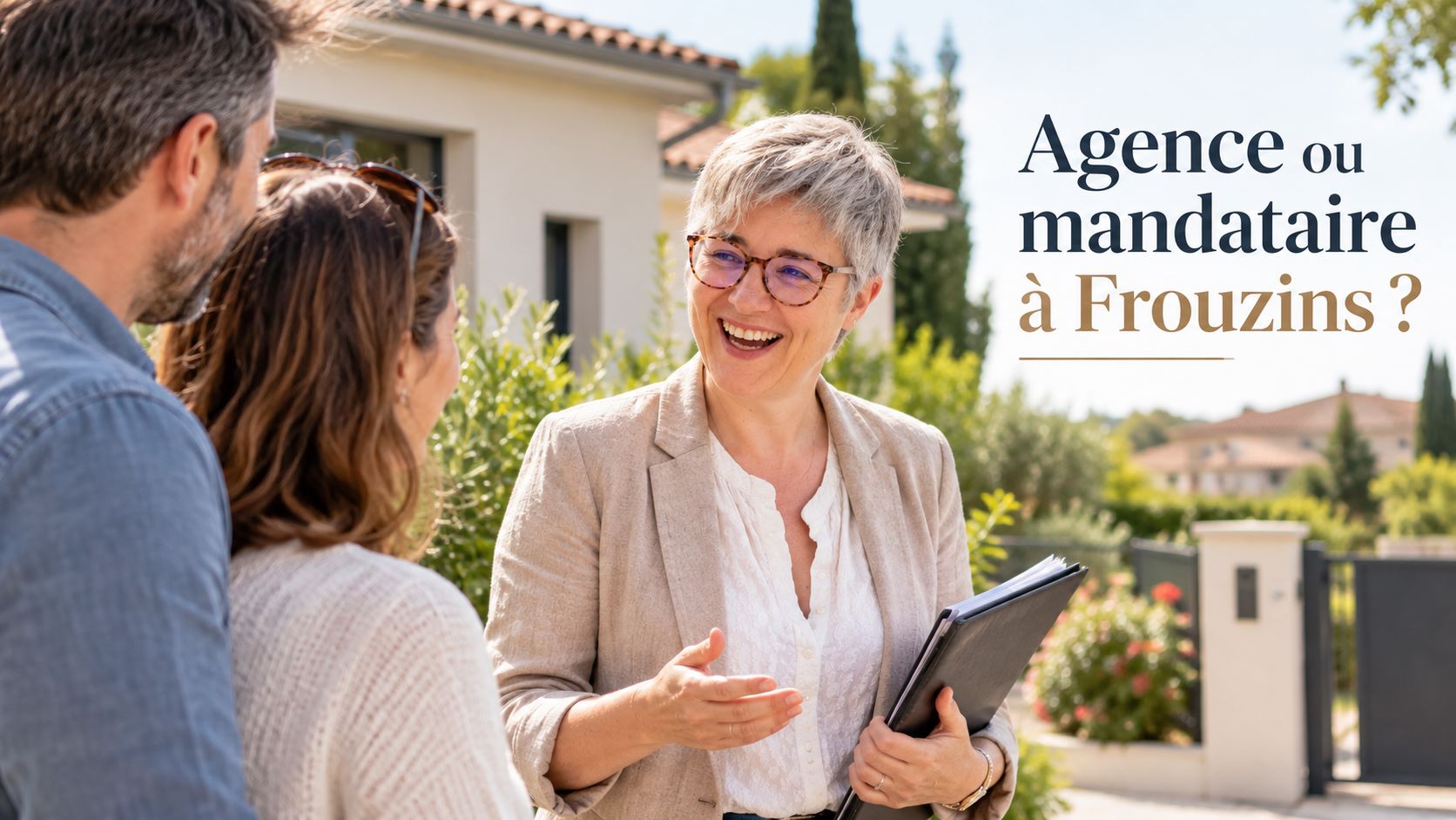 Conseillère immobilière indépendante en discussion avec des propriétaires devant une maison à Frouzins