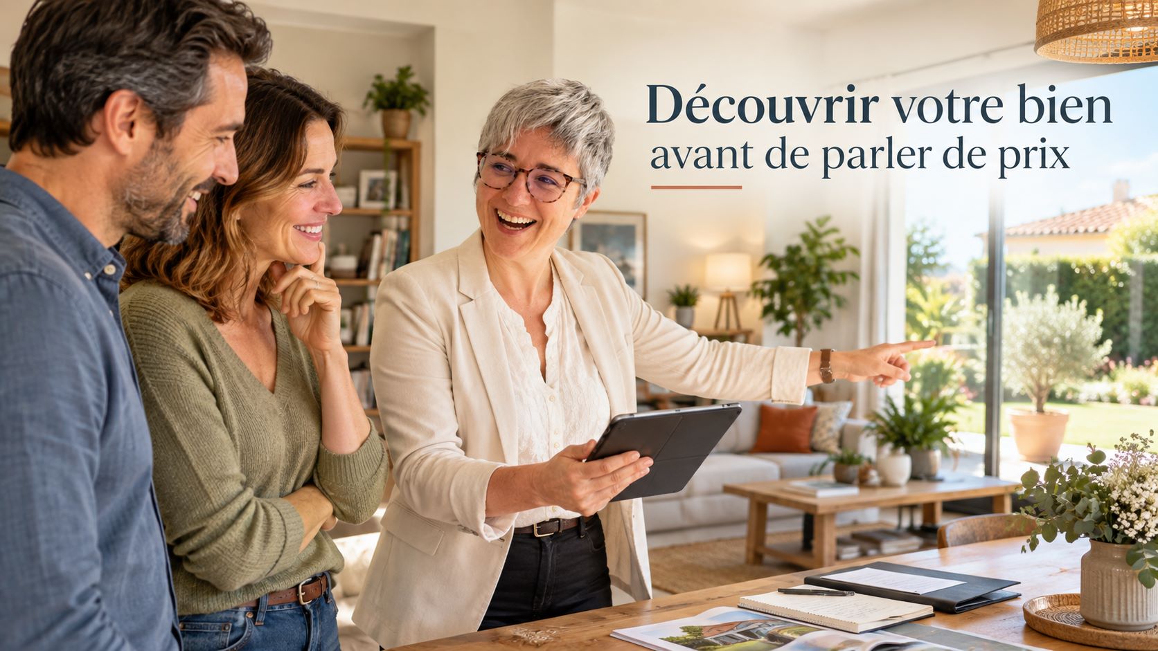 Découvrir votre bien avant de parler de prix : conseillère immobilier en visite chez des vendeurs à Frouzins