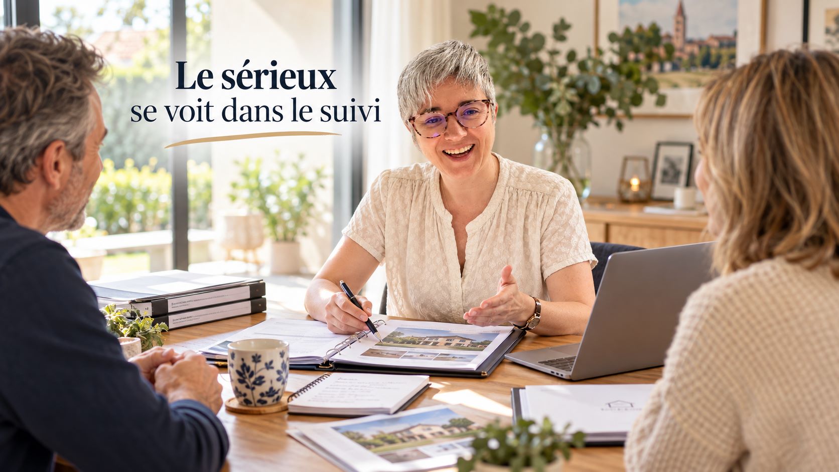 Le sérieux se voit dans le suivi : mandataire immobilier en rendez-vous avec des vendeurs autour d'un dossier